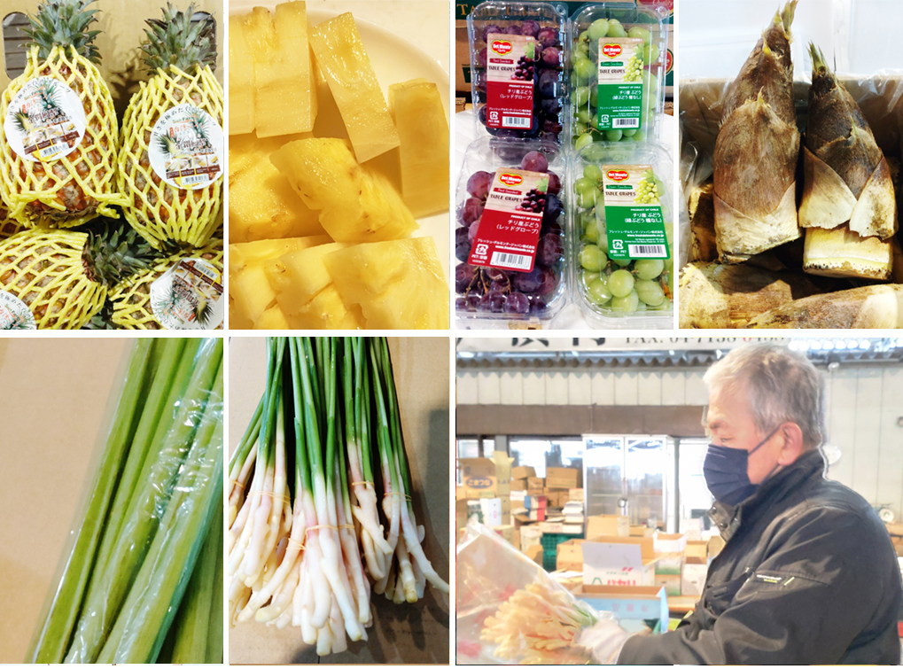台湾パイン、赤ぶどう（レッドグローブ）・種なし緑ぶどう、九州産 たけのこ、ふき、葉生姜