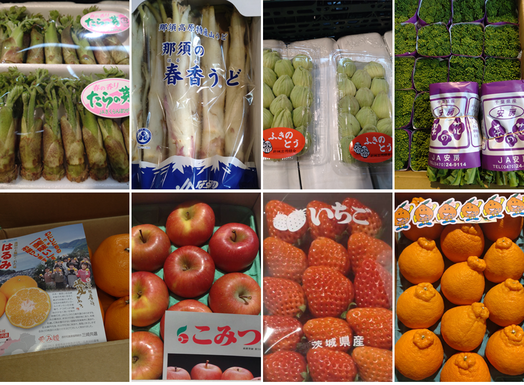 とちおとめ、サンふじ、アールスメロン、みかん、銀杏、紅東（さつま芋）、柚子、そら豆